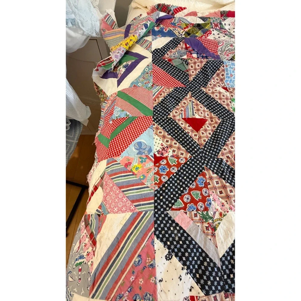 Vintage Hand Pieced Scrap Quilt Top Unfinished Varied  Cotton Colorful Patchwork